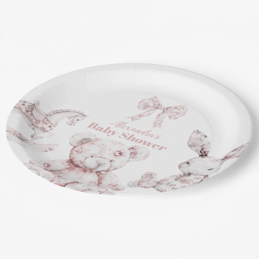 Roze Toile De Jouy Toys Baby shower Papieren Bordje (Gekanteld)