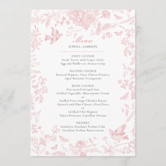 Roze Toile de Jouy Trouwmenu Menu (Voorkant)