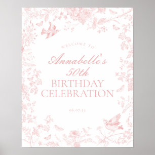 Roze Toile de Jouy Verjaardagsfeest Welkomstbord Poster