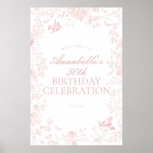 Roze toile de jouy verjaardagsfeestje welkomstbord poster
