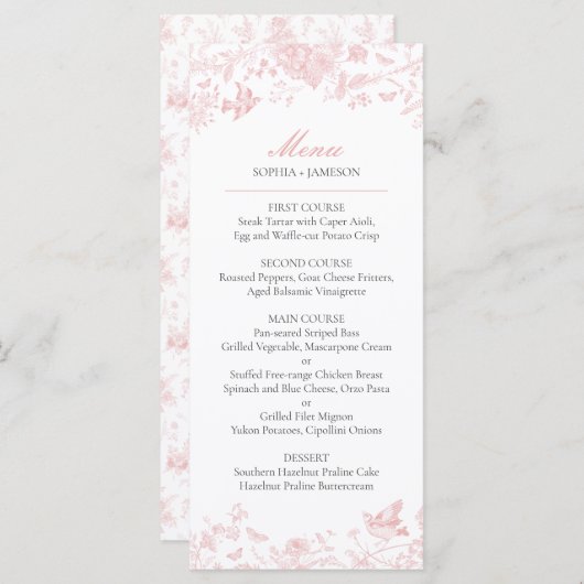 Roze Toile de Jouy Wedding Menu (Voorkant / Achterkant)