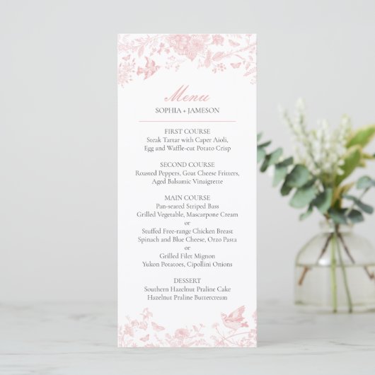 Roze Toile de Jouy Wedding Menu (Staand voorkant)
