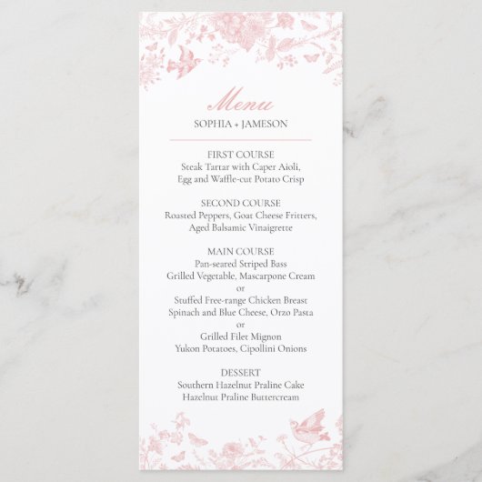 Roze Toile de Jouy Wedding Menu (Voorkant)