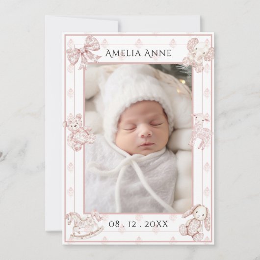 Roze Toile Elegante Baby Meisje Geboorteaankondigi Kaart (Voorkant)