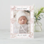 Roze Toile Elegante Baby Meisje Geboorteaankondigi Kaart (Staand voorkant)