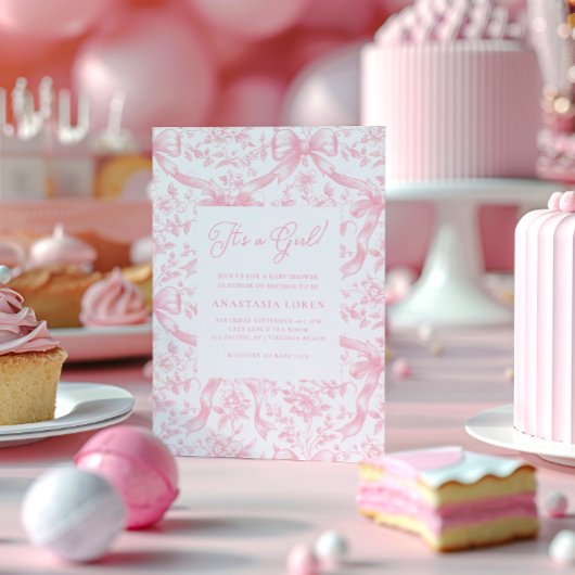 Roze Toile en Bows Baby shower Uitnodiging