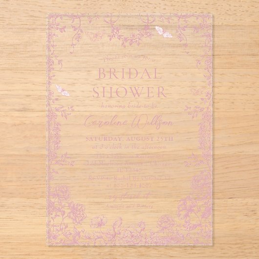 Roze Toile Floral Chinoiserie Vrijgezellenfeest Acryl Uitnodigingen (Voorkant)