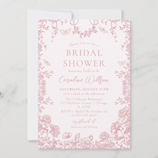 Roze Toile Floral Chinoiserie Vrijgezellenfeest Kaart (Voorkant)