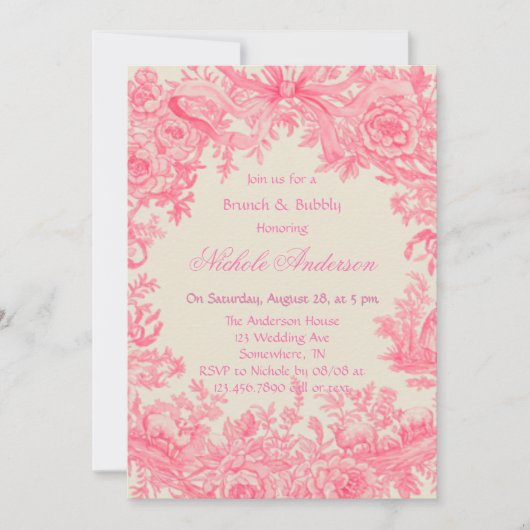 Roze Toile Flower Brunch & Bubbly Kaart (Voorkant)