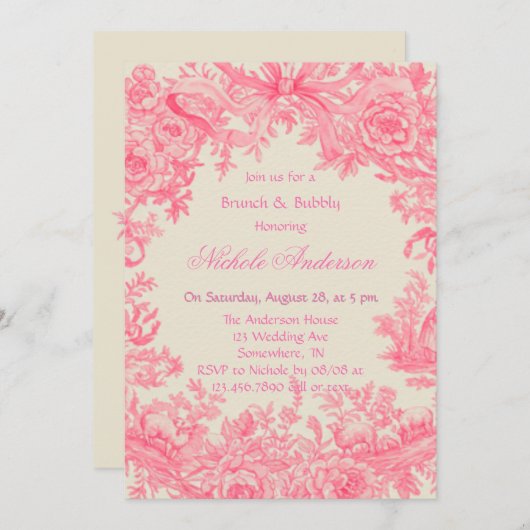  Roze Toile Flower Brunch & Bubbly Kaart (Voorkant / Achterkant)