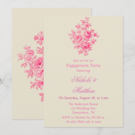 Roze Toile Flower Engagement Party Kaart (Voorkant / Achterkant)