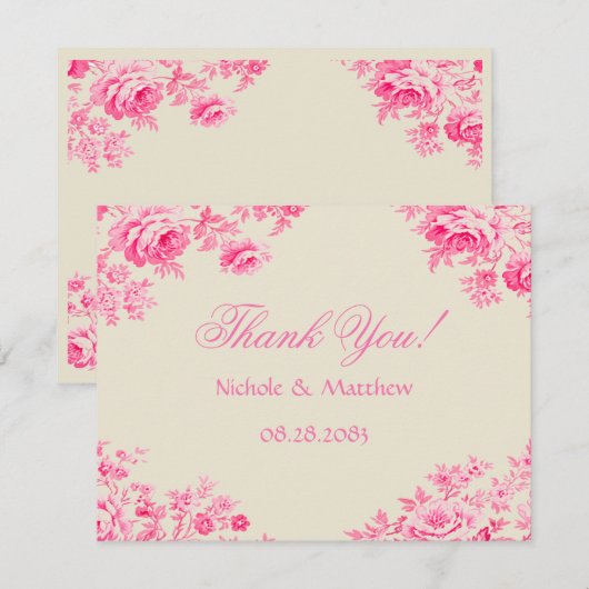  Roze Toile Flower Wedding Bedankkaart (Voorkant / Achterkant)