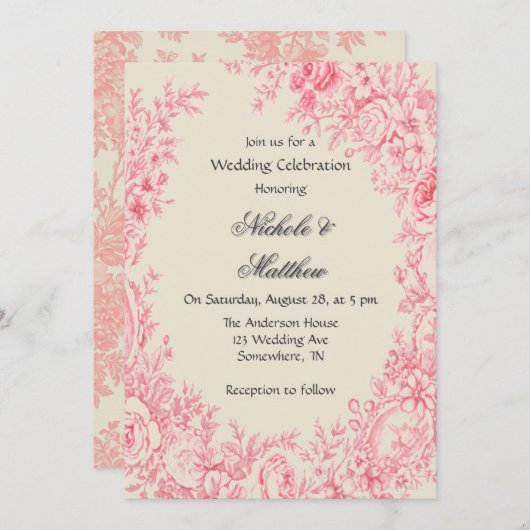  Roze Toile Flower Wedding Celebration Kaart (Voorkant / Achterkant)