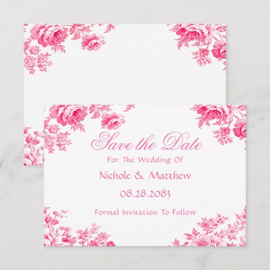  Roze Toile Flower Wedding Save The Date (Voorkant / Achterkant)