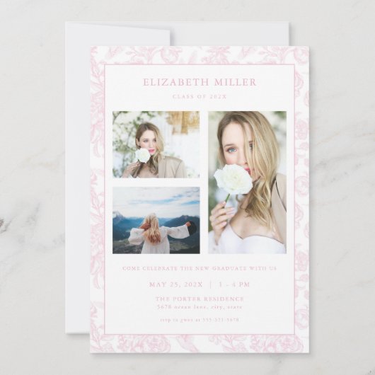 Roze Toile Foto Afstuderen Aankondiging Kaart (Achterkant)