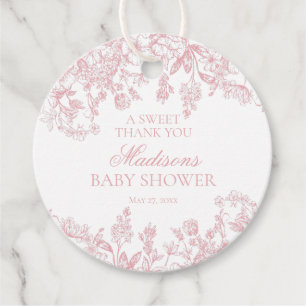 Roze Toile Jouy  Floral Baby shower Circle Bedankjes Labels