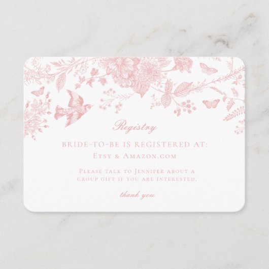 Roze Toile Jouy Registry Kaart Invitation Insert (Voorkant)