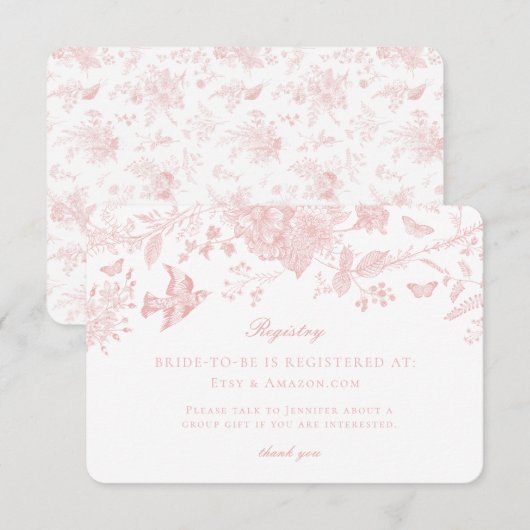 Roze Toile Jouy Registry Kaart Invitation Insert (Voorkant / Achterkant)
