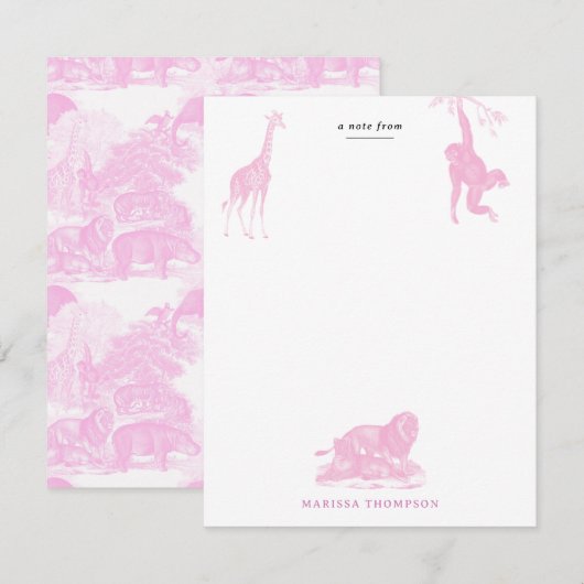 Roze Toile Oerwoud Dieren Safari Chinoiserie Notitiekaartje (Voorkant / Achterkant)