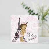 Roze Toile Paris Baby Meisje Douche Kaart (Staand voorkant)