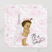 Roze  Toile Paris Baby Meisje Douche Kaart (Voorkant / Achterkant)