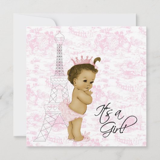 Roze  Toile Paris Baby Meisje Douche Kaart (Voorkant)