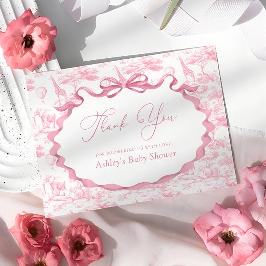 Roze Toile Safari Animals Baby shower Dank u Bedankkaart