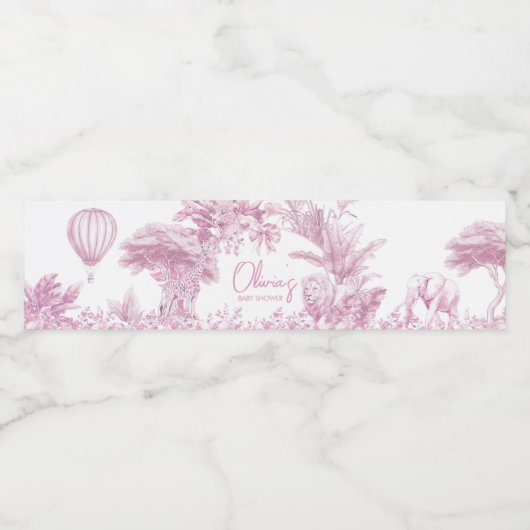 Roze Toile Safari Baby shower Waterfles Etiket (Enkel label)