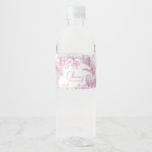 Roze Toile Safari Baby shower Waterfles Etiket (Voorkant)