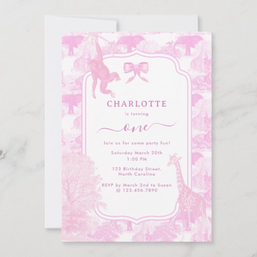 Roze Toile Safari Dieren Chinoiserie Verjaardag Kaart (Voorkant)