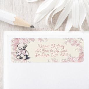 Roze Toile Teddy Bear Baby shower Etiket