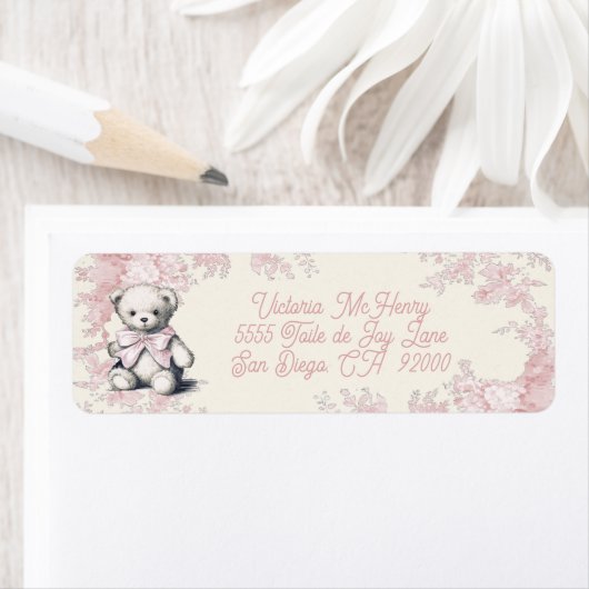 Roze Toile Teddy Bear Baby shower Etiket (Insitu)