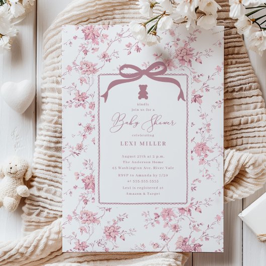 Roze Toile Teddy Bear Baby shower Kaart