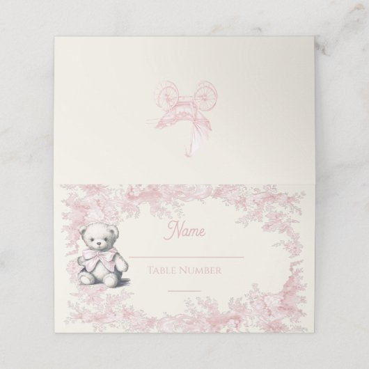 Roze Toile Teddy Bear Baby shower Welkomstbord Plaatskaartje (Buitenkant ongevouwen)
