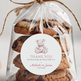 Roze Toile Teddy Bear Meisje Baby shower gunst Ronde Sticker