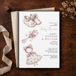 Roze toile vintage feestje voor baby meisje kaart