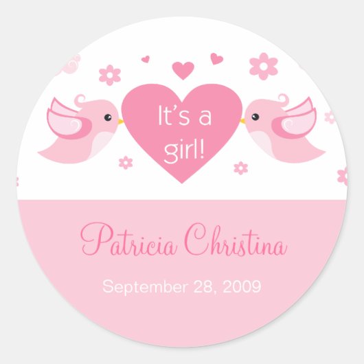 Roze Tortelduifjes Baby Geboorte Aankondiging Ronde Sticker (Voorkant)