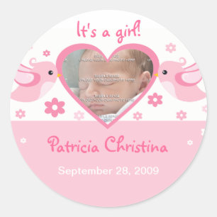 Roze Tortelduifjes Foto Baby Aankondiging geboorte Ronde Sticker