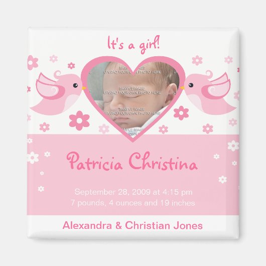 Roze Tortelduifjes Foto Baby Geboorte Aankondiging Magneet (Voorkant)