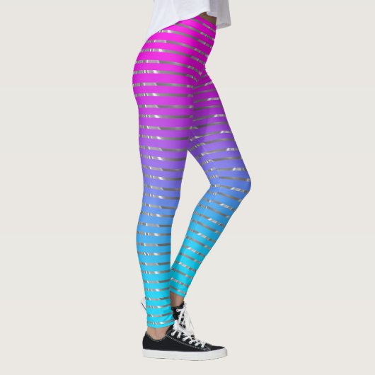 Roze tot blauwe ombre zilveren strepen patroon leggings (Rechts)