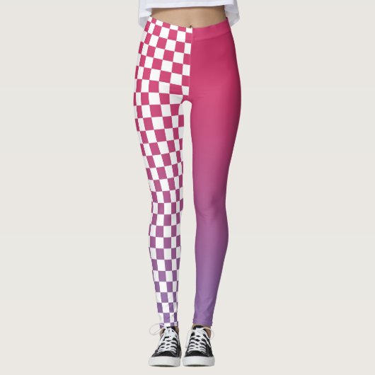 Roze tot Paarse verloop en geruit patroon Leggings (Voorkant)