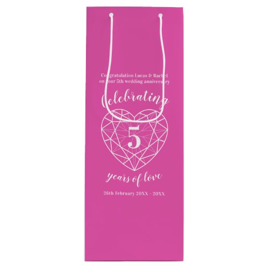 Roze Tourmaline Jubileum 5 jaar wijncadeauzak Wijn Cadeautas (Voorkant)