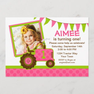 Roze tractor 1st Birthday Fotouitnodiging Kaart