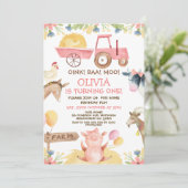 Roze Tractor Ballonnen Boerderijdieren 1e Verjaard Kaart (Staand voorkant)