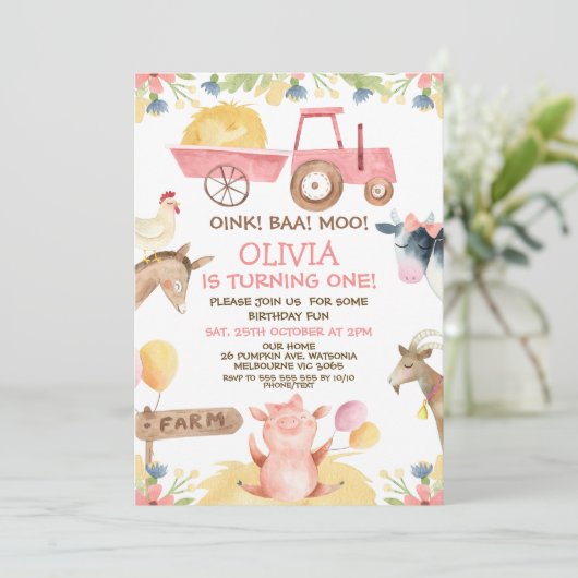 Roze Tractor Ballonnen Boerderijdieren 1e Verjaard Kaart (Staand voorkant)