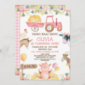 Roze Tractor Ballonnen Boerderijdieren 1e Verjaard Kaart (Voorkant / Achterkant)