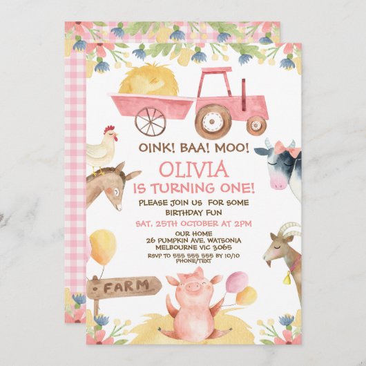 Roze Tractor Ballonnen Boerderijdieren 1e Verjaard Kaart (Voorkant / Achterkant)