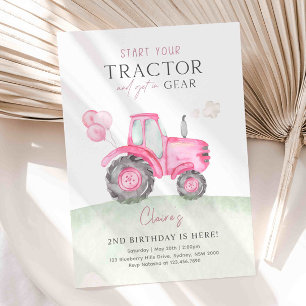 Roze Tractor & Ballonnen Verjaardagsfeest Uitnodig Kaart