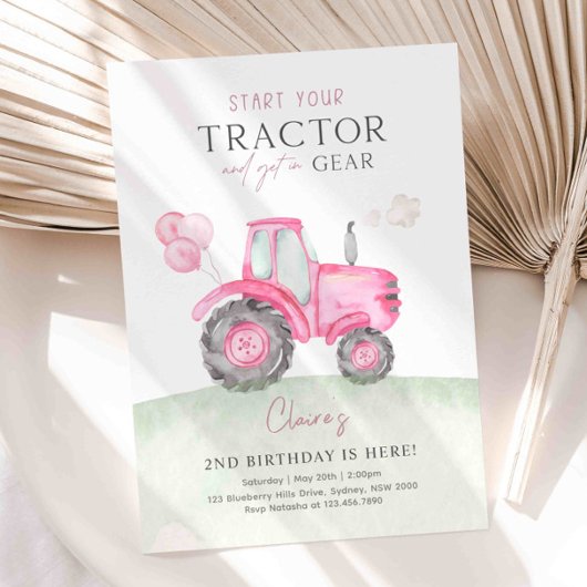 Roze Tractor & Ballonnen Verjaardagsfeest Uitnodig Kaart