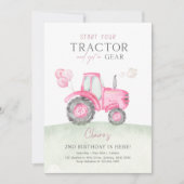 Roze Tractor & Ballonnen Verjaardagsfeest Uitnodig Kaart (Voorkant)